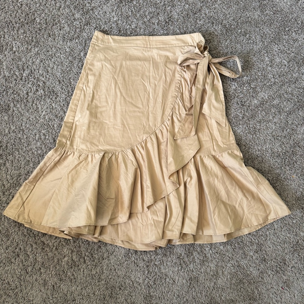 LOFT Tan Midi Skirt with Ruffle Detail
